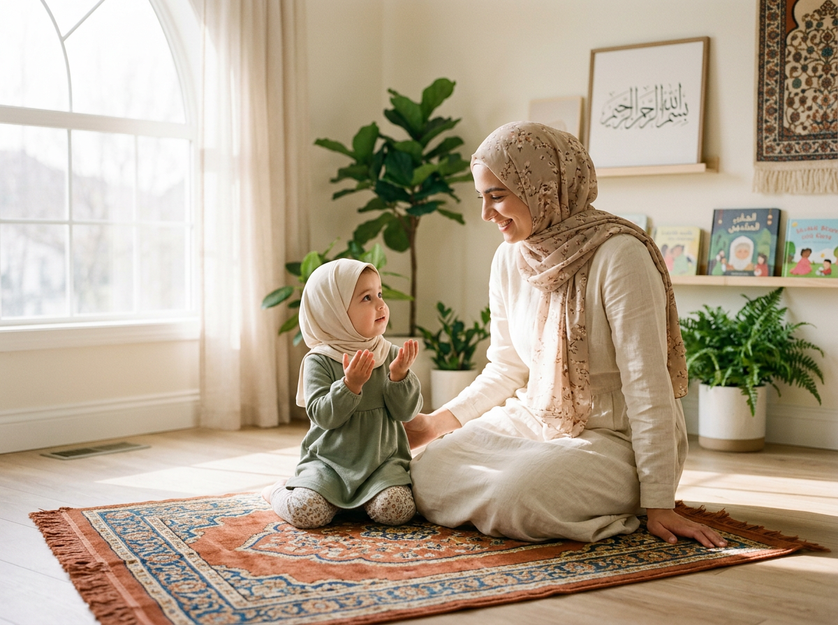 A warm, candid photo of a mother modeling prayer and gentle behavior for her toddler in a serene home environment.