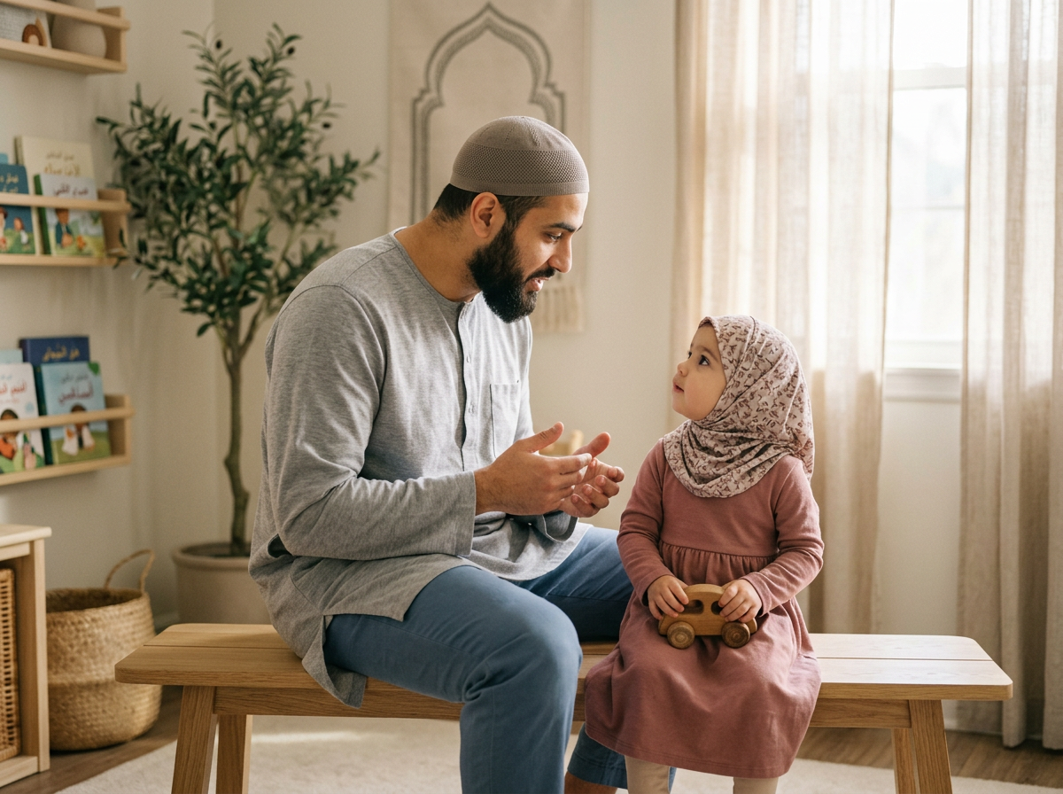 A serene photograph of a father modeling patience for his toddler in a light-filled home, illustrating spiritual co-regulation.