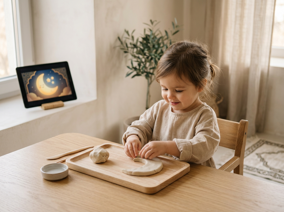 A toddler in a peaceful home setting engaged in a sensory clay activity while watching an educational lunar video.