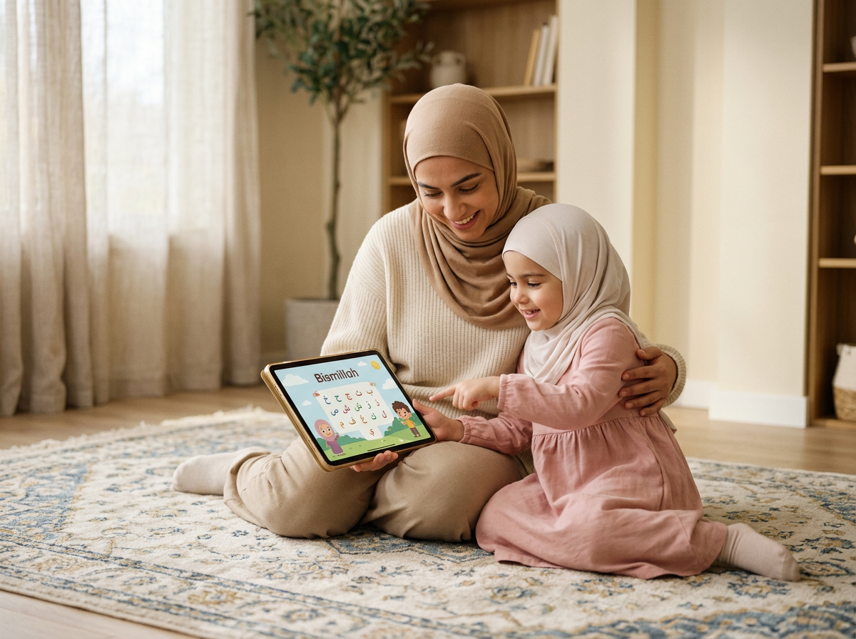 A mother and child engaging in shared interactive screen time in a calm, modest home environment.
