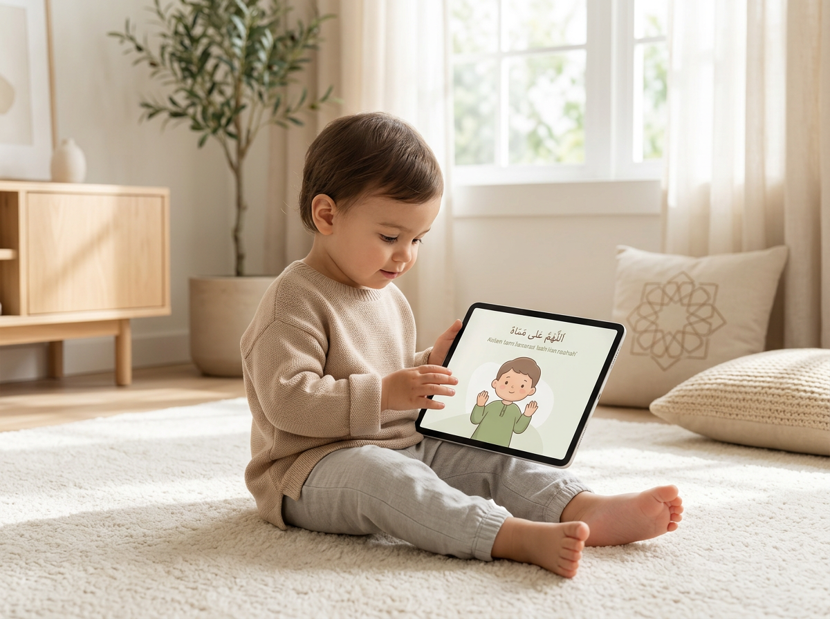 A peaceful conceptual image illustrating 'Visual Dhikr', where a toddler sees a screen character modeling spiritual rituals.