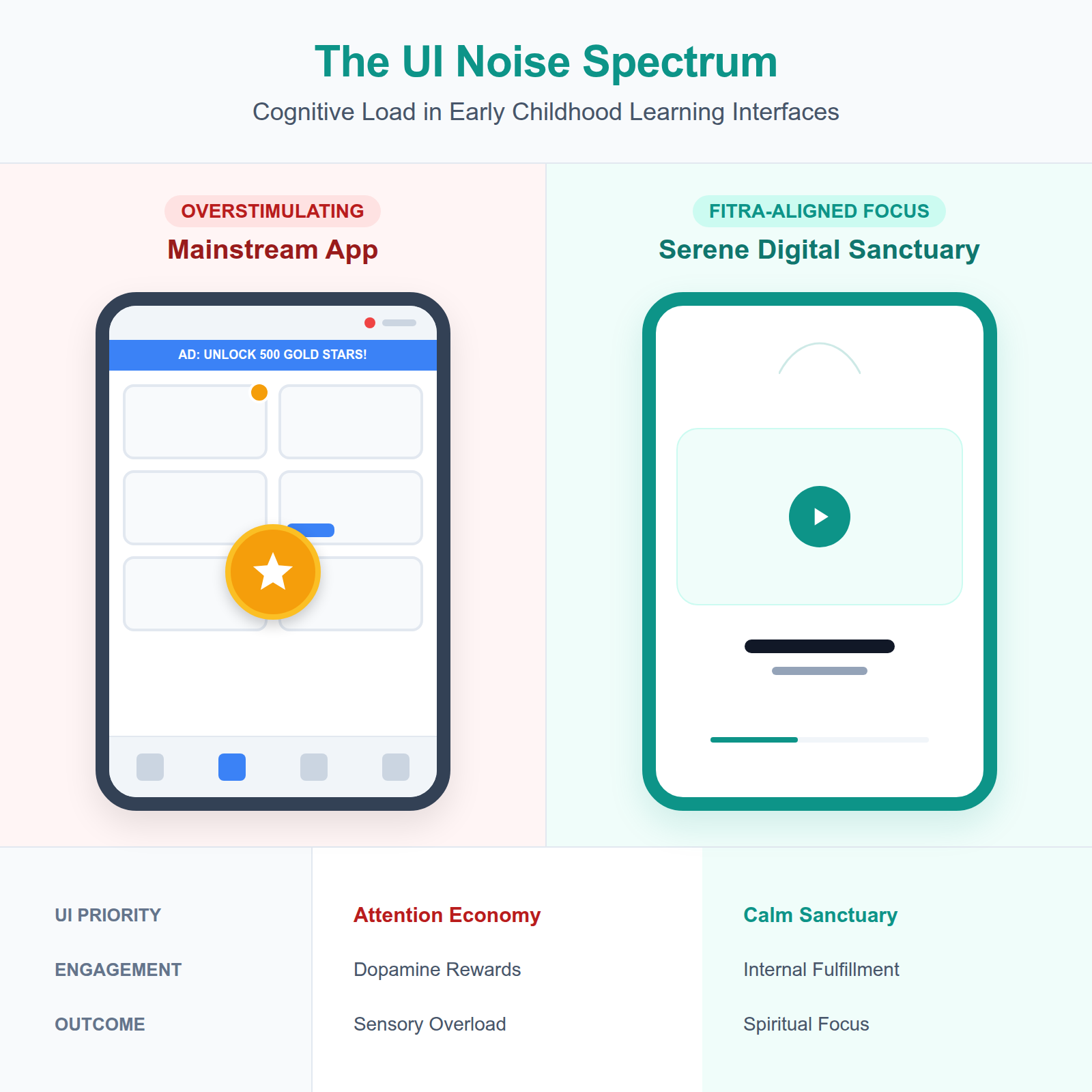 Infographic comparing high-noise interfaces of general kid apps with the low-stimulation, focused environment needed for toddlers.