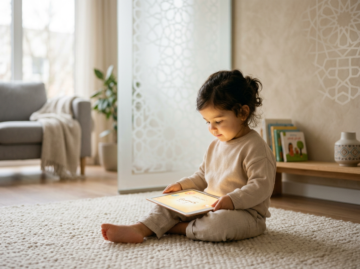A toddler peacefully engaging with a screen in a serene, safe digital environment that mimics a 'Digital Prayer Rug'.