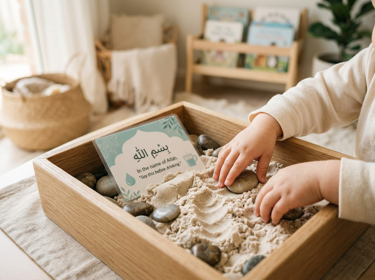 A young child's hands searching through a sensory bin for a Dua card, illustrating the hands-on learning phase.