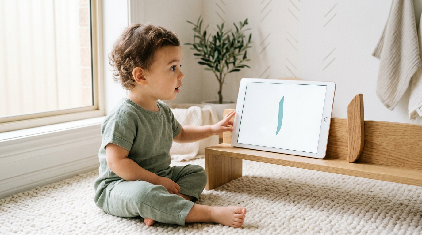 A toddler calmly engaging with both a digital Arabic letter and a physical wooden block in a peaceful, naturally lit home setting.