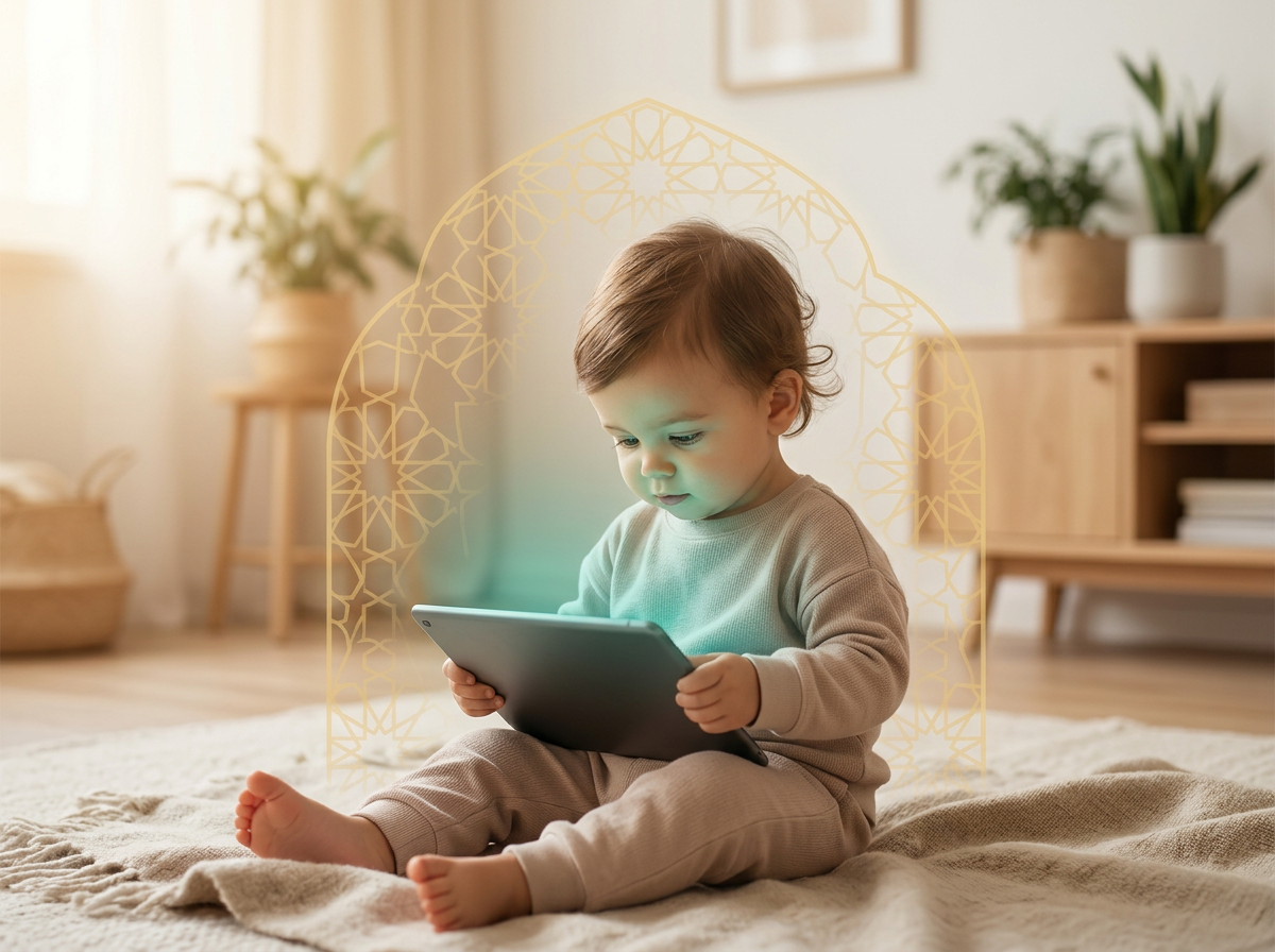 A conceptual image of a child in a safe digital environment, represented by a warm teal glow and a protective Islamic geometric shield.