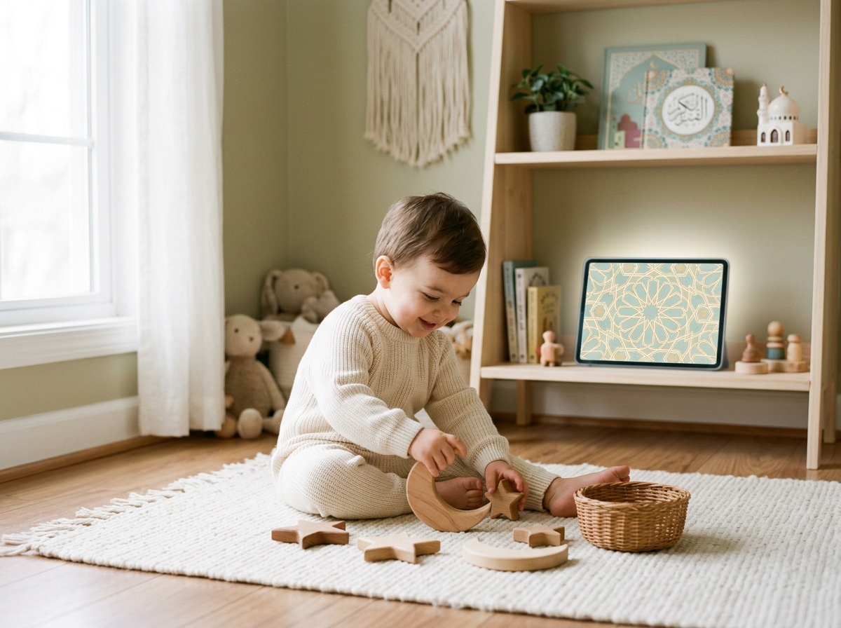 A toddler playing with wooden toys in a peaceful room, supported by a calm and secure digital presence that avoids overstimulation.