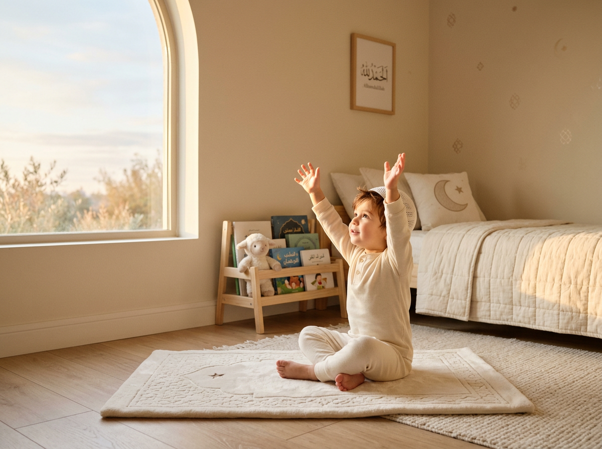 A toddler stretching their arms up toward gentle morning sunlight in a peaceful, minimalist bedroom.