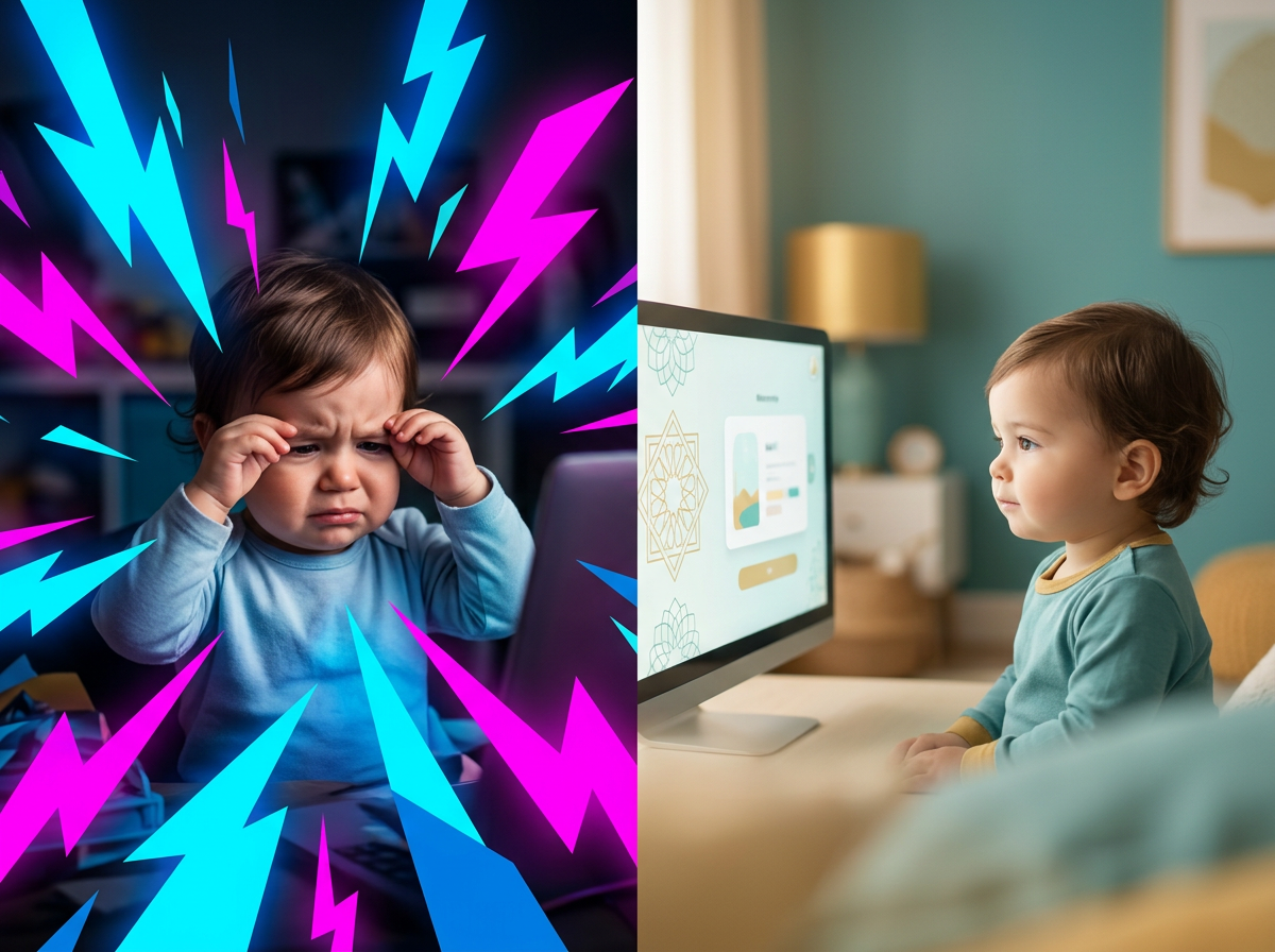 A conceptual split-screen image contrasting a chaotic, overstimulating 'Digital Stadium' with a peaceful 'Digital Sanctuary' for a Muslim toddler.