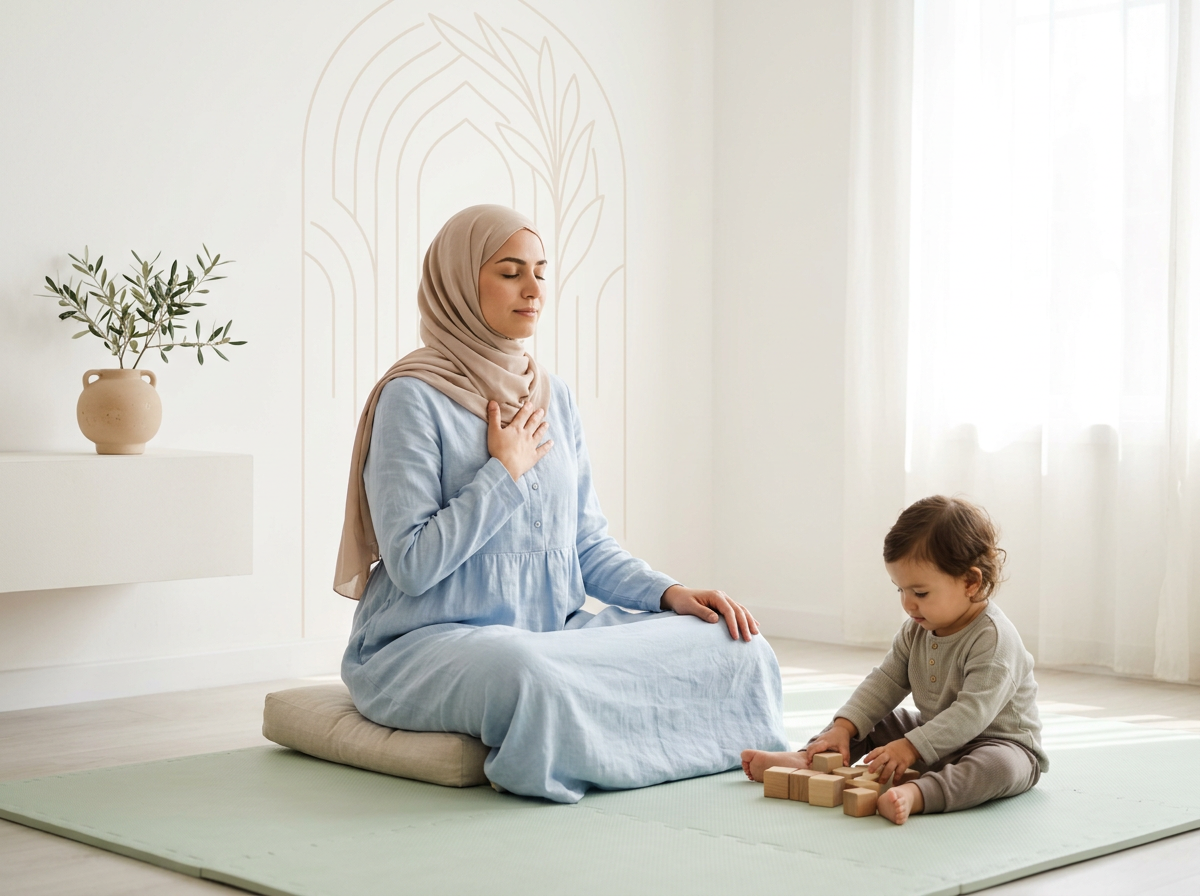 A serene mother modeling calm self-regulation in a clean, bright home environment.