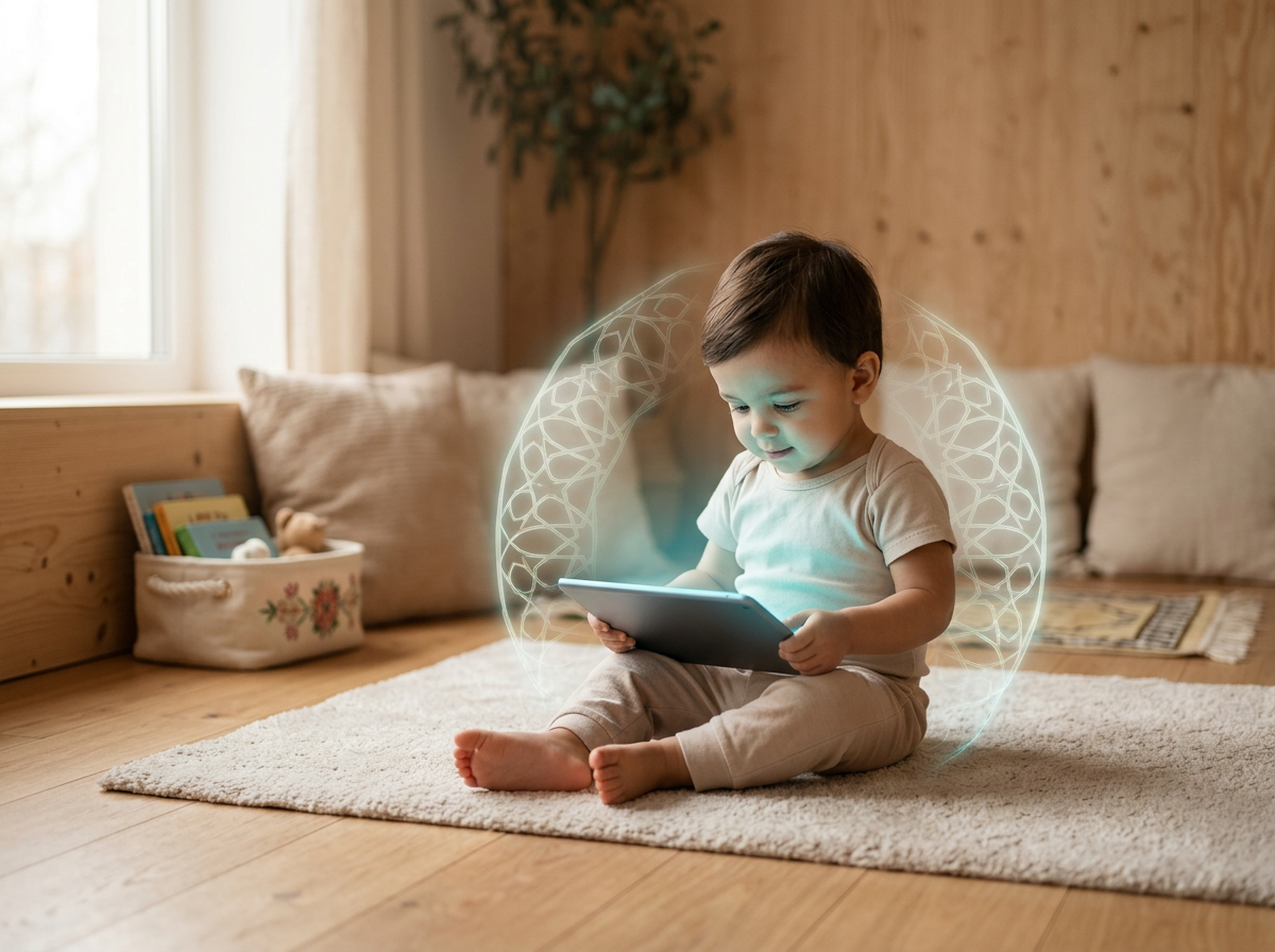 Conceptual art of a child interacting with a screen in a serene, protected environment, surrounded by soft glowing geometric patterns representing spiritual boundaries.