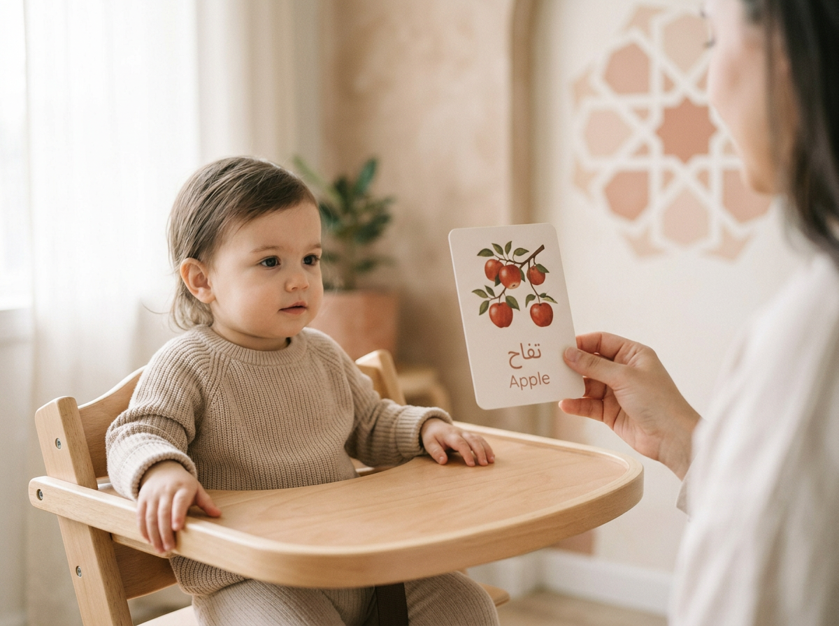 A peaceful mealtime scene showing a toddler in a high chair being introduced to a bilingual fruit flashcard in a warm, sunlit home.