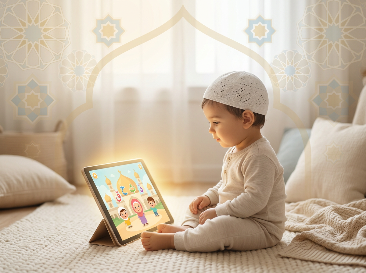 A toddler interacting with a tablet that emits a soft, protective warm light, representing a safe and spiritual digital environment.