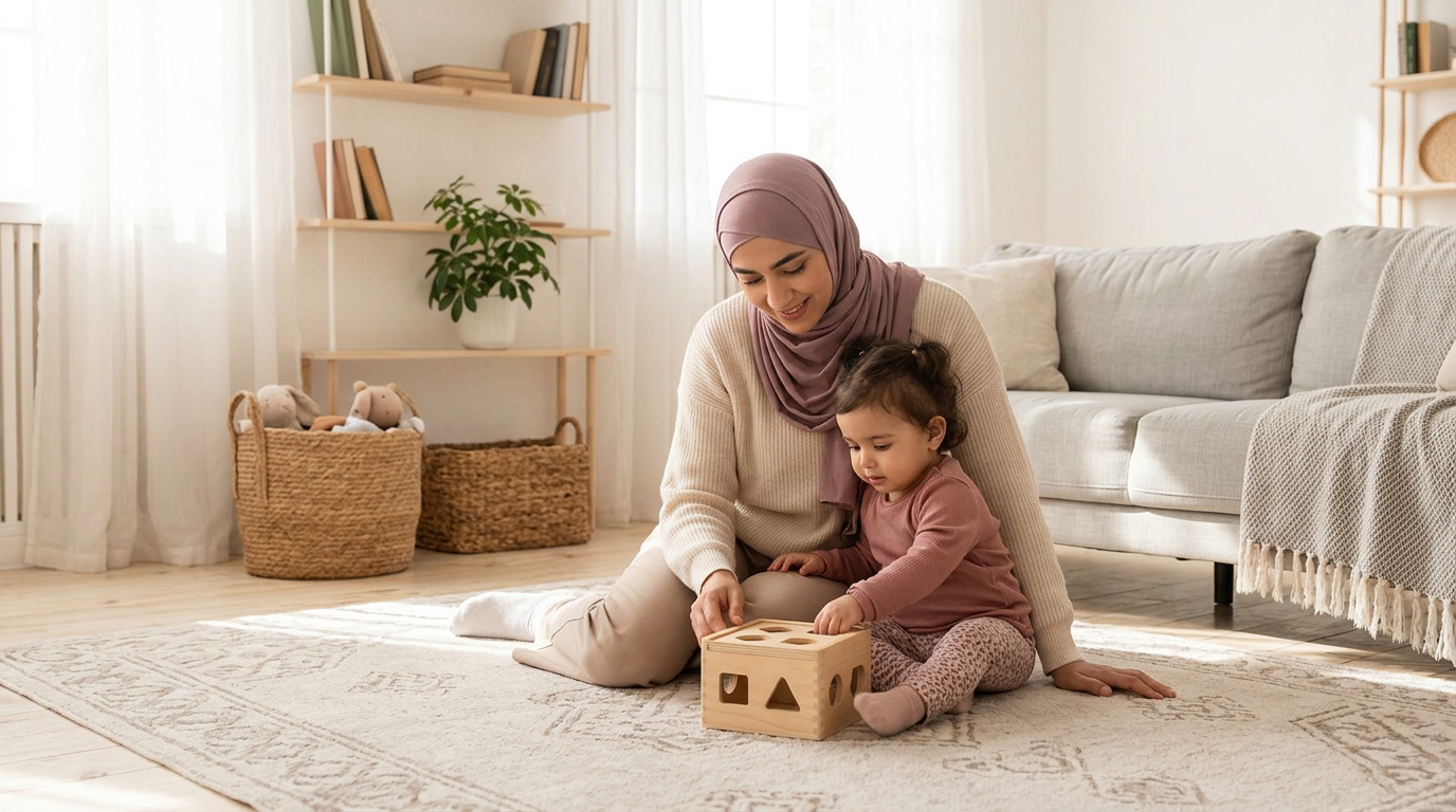 A peaceful home scene showing a Muslim mother and child in a calm, spiritually tranquil environment, reflecting the concept of a digital sanctuary.
