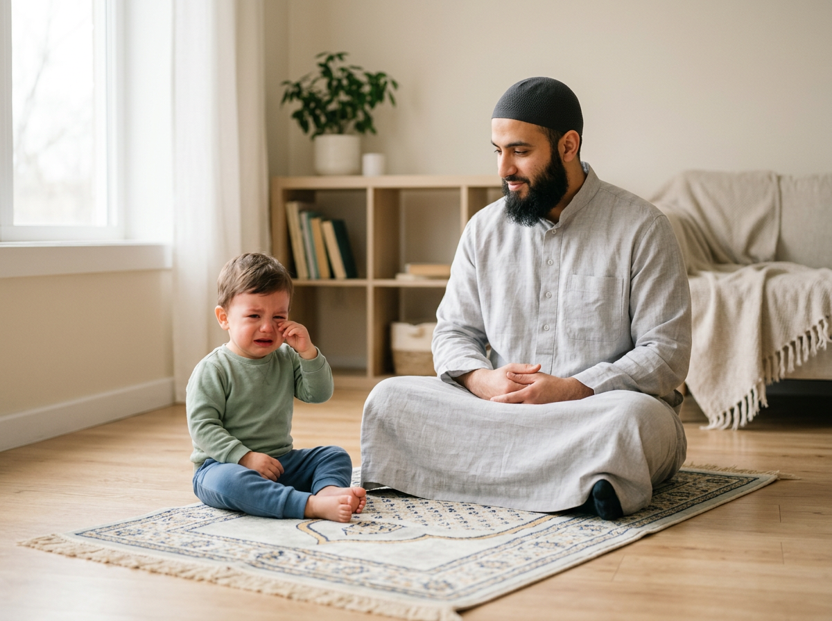 A father modeling Prophetic patience (Sabr) by remaining a calm, present anchor for his toddler during a difficult emotional moment.