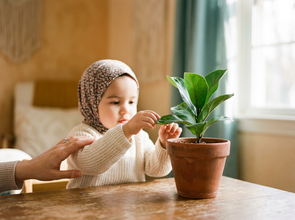 Close-up of a toddler and parent with a houseplant, symbolizing the 'planting seeds' approach to daily duas and the growth of faith.