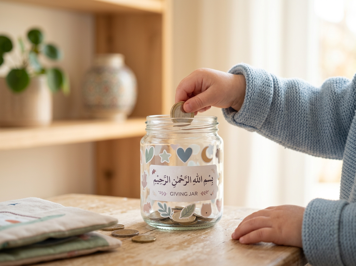 A close-up, heartwarming photo of a toddler's hand putting charity into a beautifully decorated 'Bismillah' jar.