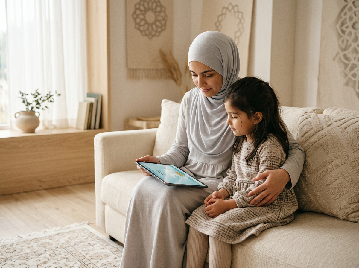 A peaceful scene of a parent and toddler sharing a moment of digital tranquility in a sunlit, minimalist home.