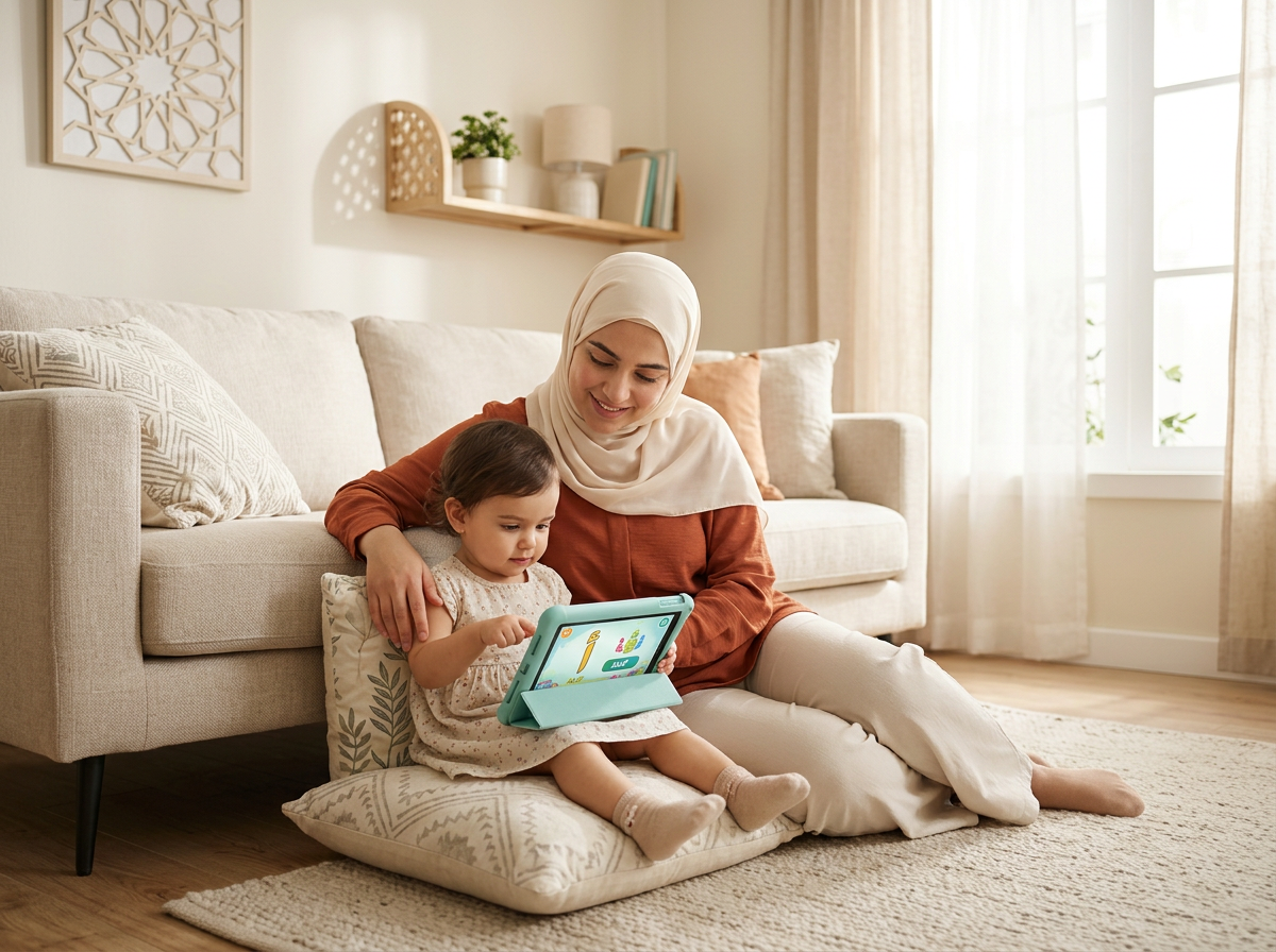 A peaceful moment between a mother and toddler using a safe digital platform in a warm, spiritually tranquil home environment.