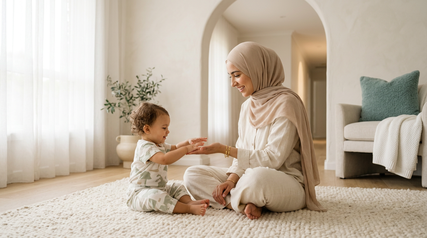 A serene scene of a mother and toddler in a sunlit home, illustrating the Islamic concept of parenting as a sacred trust (Amanah).