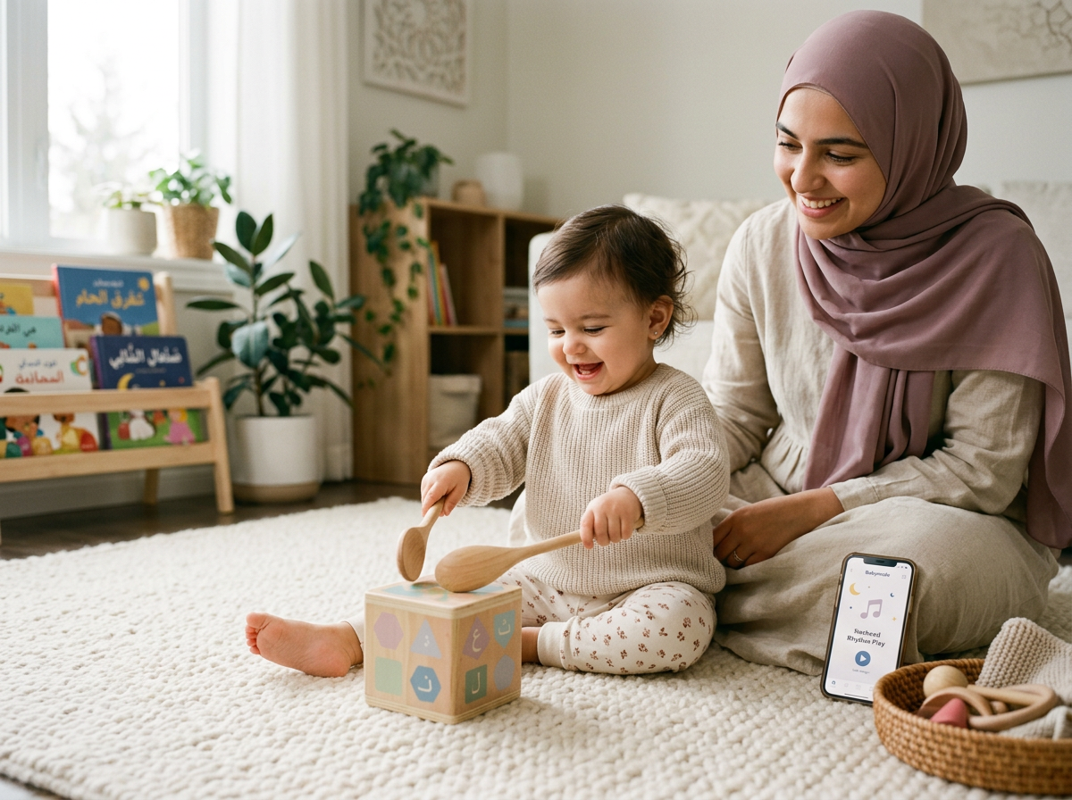 A toddler and parent using wooden spoons as rhythm sticks to play along with a nasheed in a sunlit, cozy home setting.