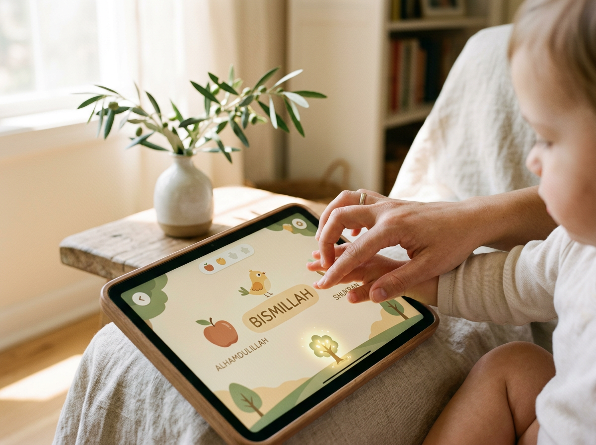 A parent and toddler engaging in a calm, digital learning moment within a peaceful home setting, symbolizing spiritual guardianship.