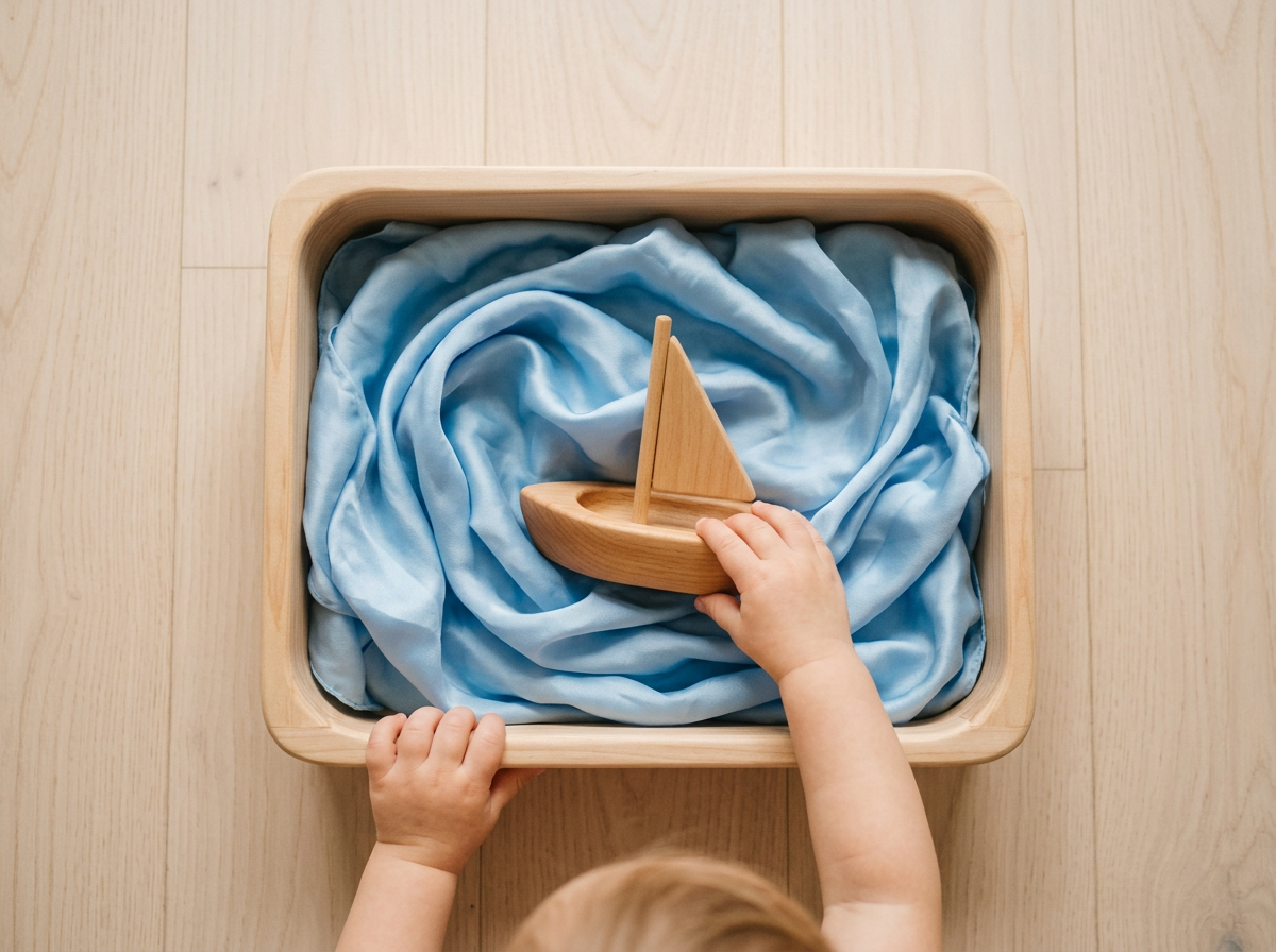 A toddler playing with a wooden boat on a blue silk scarf in a sensory bin, representing the story of Prophet Nuh.