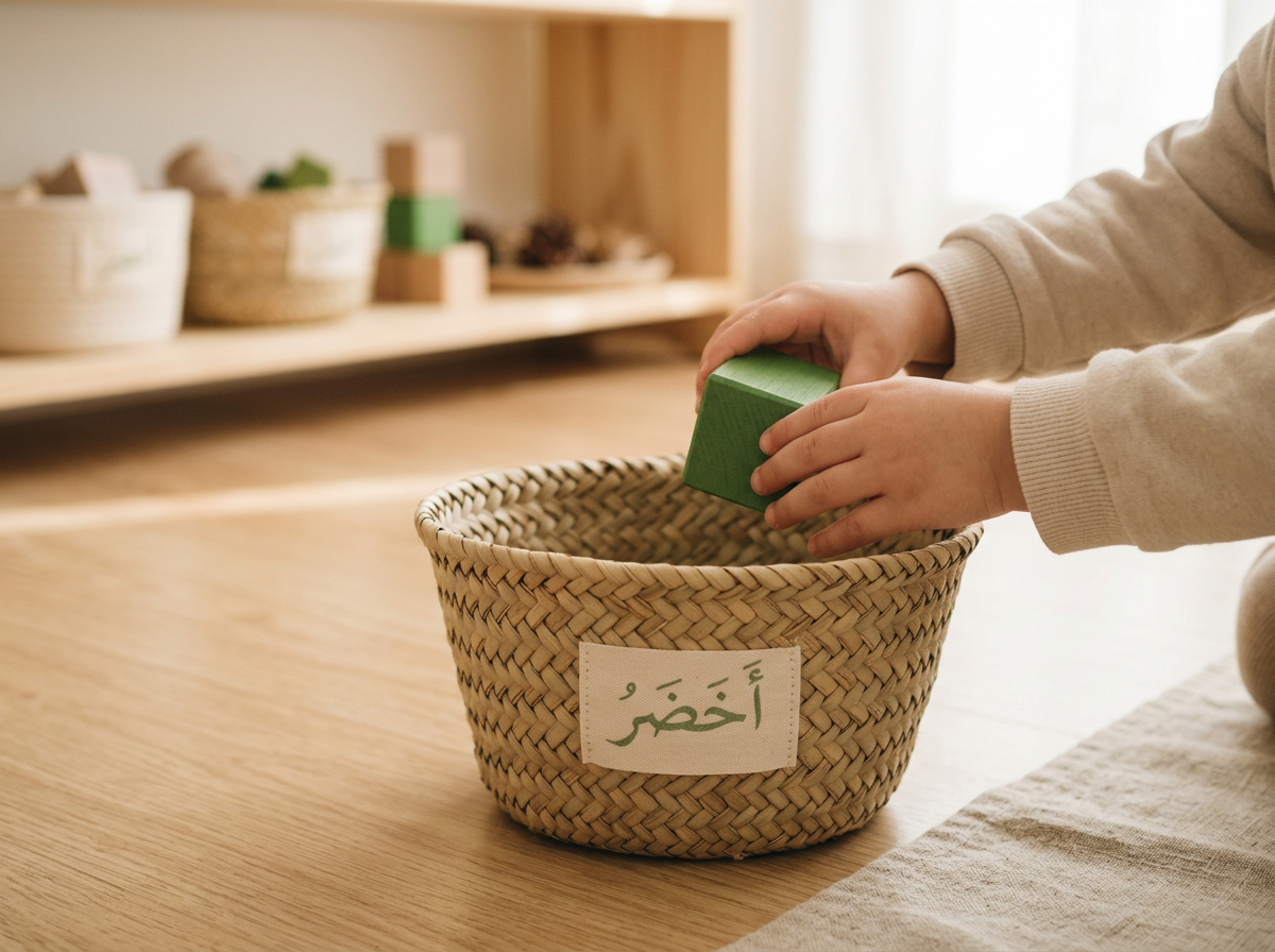 A toddler's hands sorting green wooden blocks into a labeled basket as part of an Arabic color-sorting activity.
