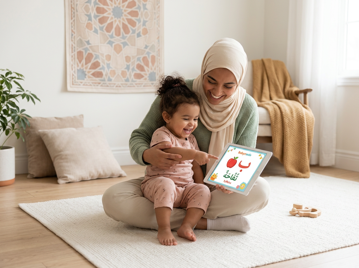 A mother and toddler in a serene, sunlit home enjoying a playful Arabic learning session with a digital flashcard.