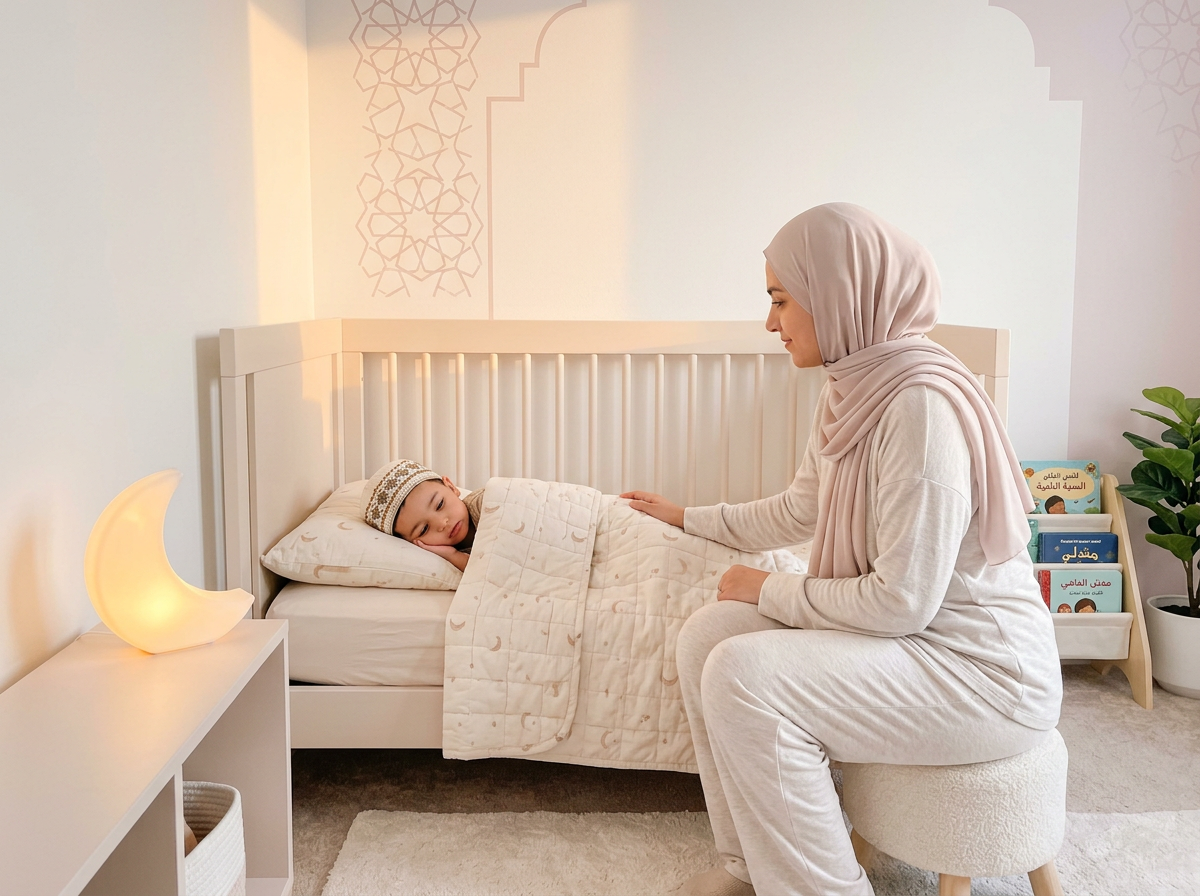 A tranquil and cozy bedroom setting showing a toddler ready for sleep, embodying the concept of Sakinah.