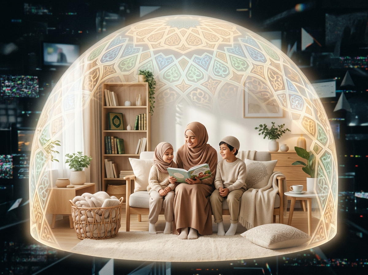 A conceptual image of a glowing geometric shield over a peaceful home, representing the spiritual and digital safety of the Babymode sanctuary.