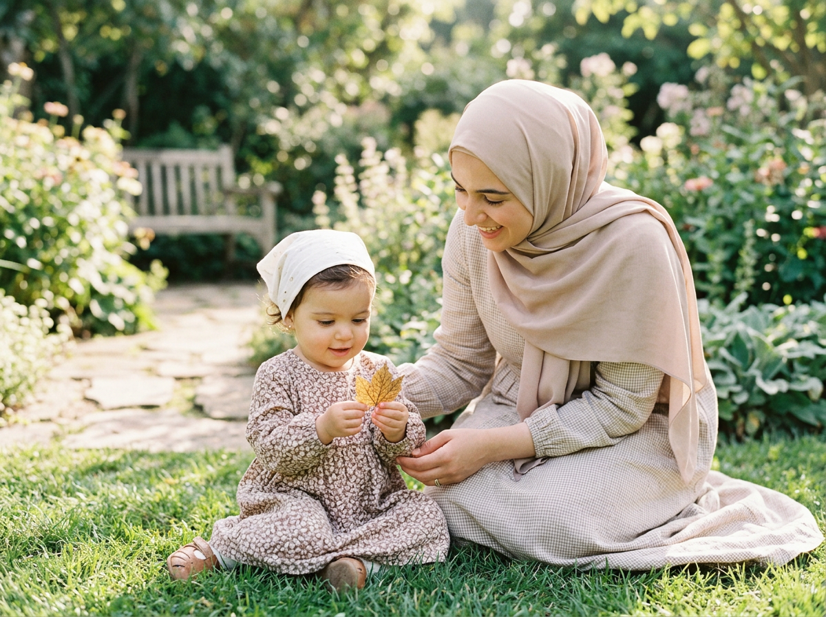 A Muslim mother and her toddler in a peaceful garden, looking closely at a leaf during an outdoor learning activity.