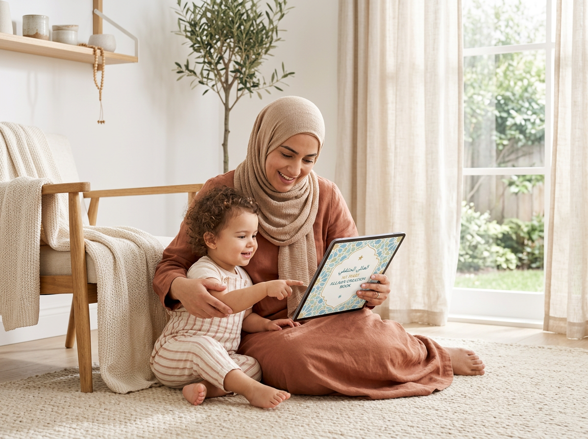 A mother and toddler sitting together in a peaceful home environment, using a digital tool as a shared learning experience.
