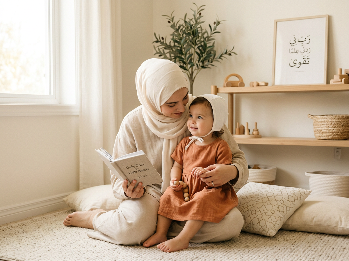 A soft-lit, serene photo of a parent and toddler interacting warmly in a tranquil home setting.