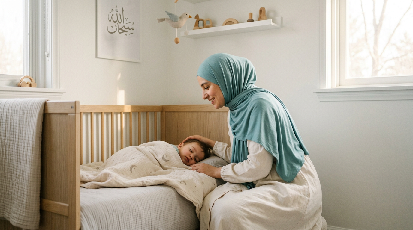 A Muslim mother gently whispering a dua to her toddler in a serene, sunlit nursery.