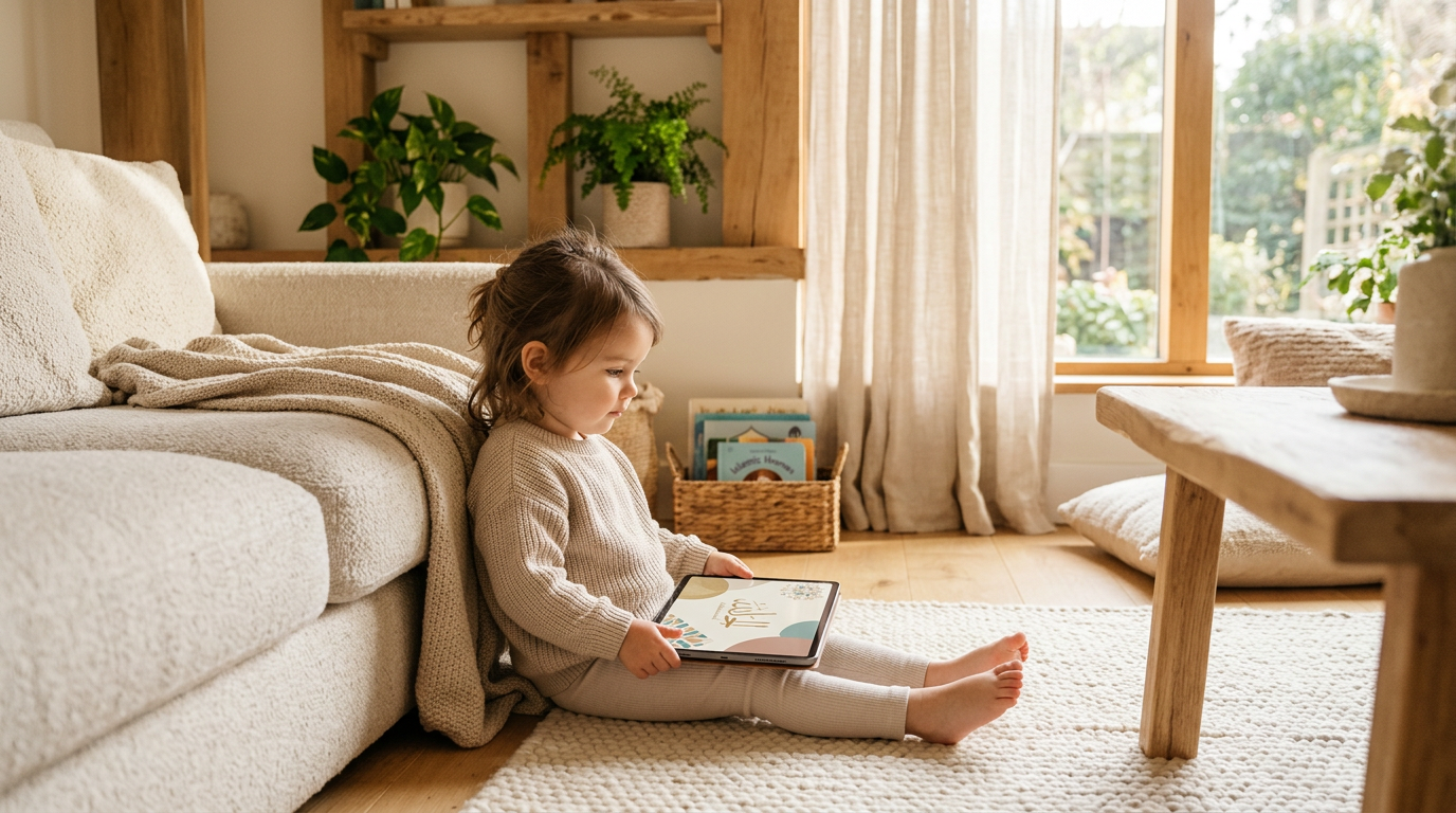 A young child in a peaceful, sun-lit home environment engaging with a clean digital device, representing a protected and calm digital space.