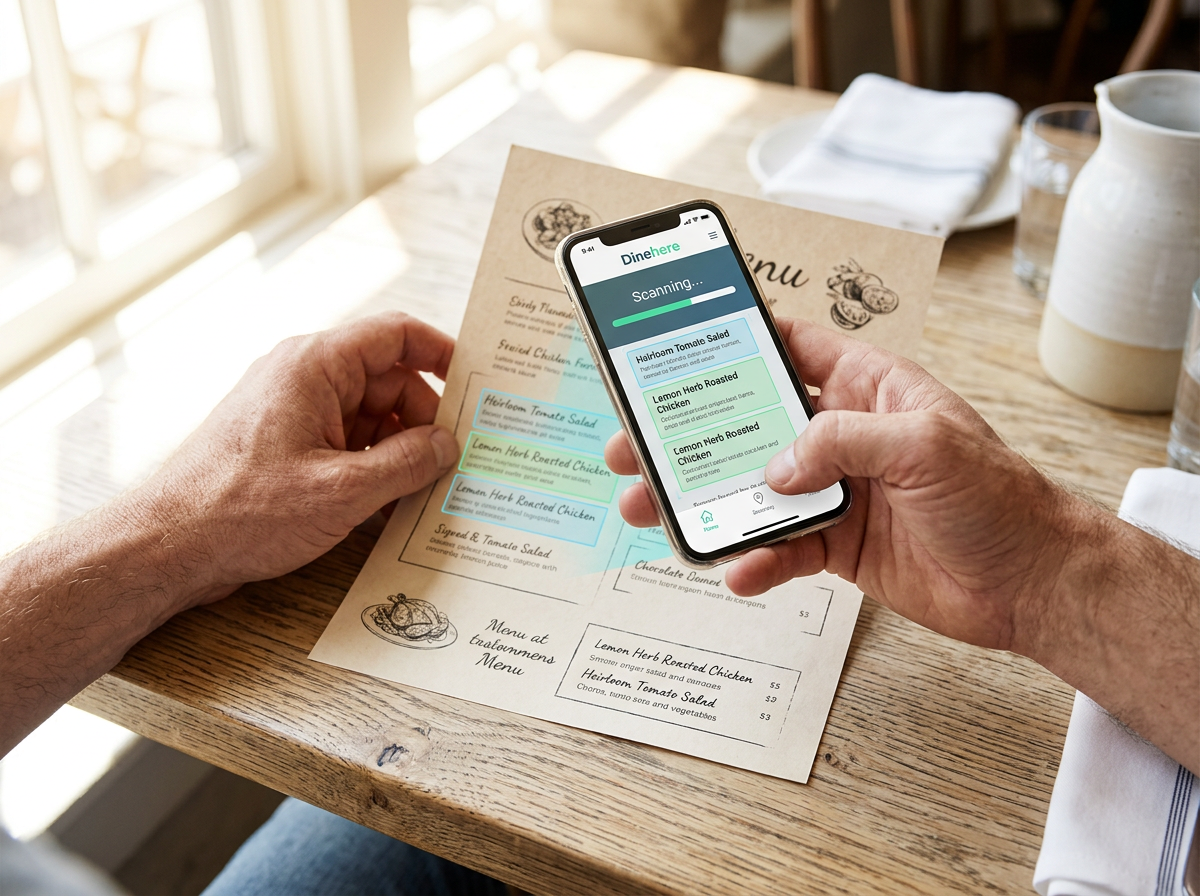 Close-up of a restaurant owner using a smartphone to scan a physical menu.