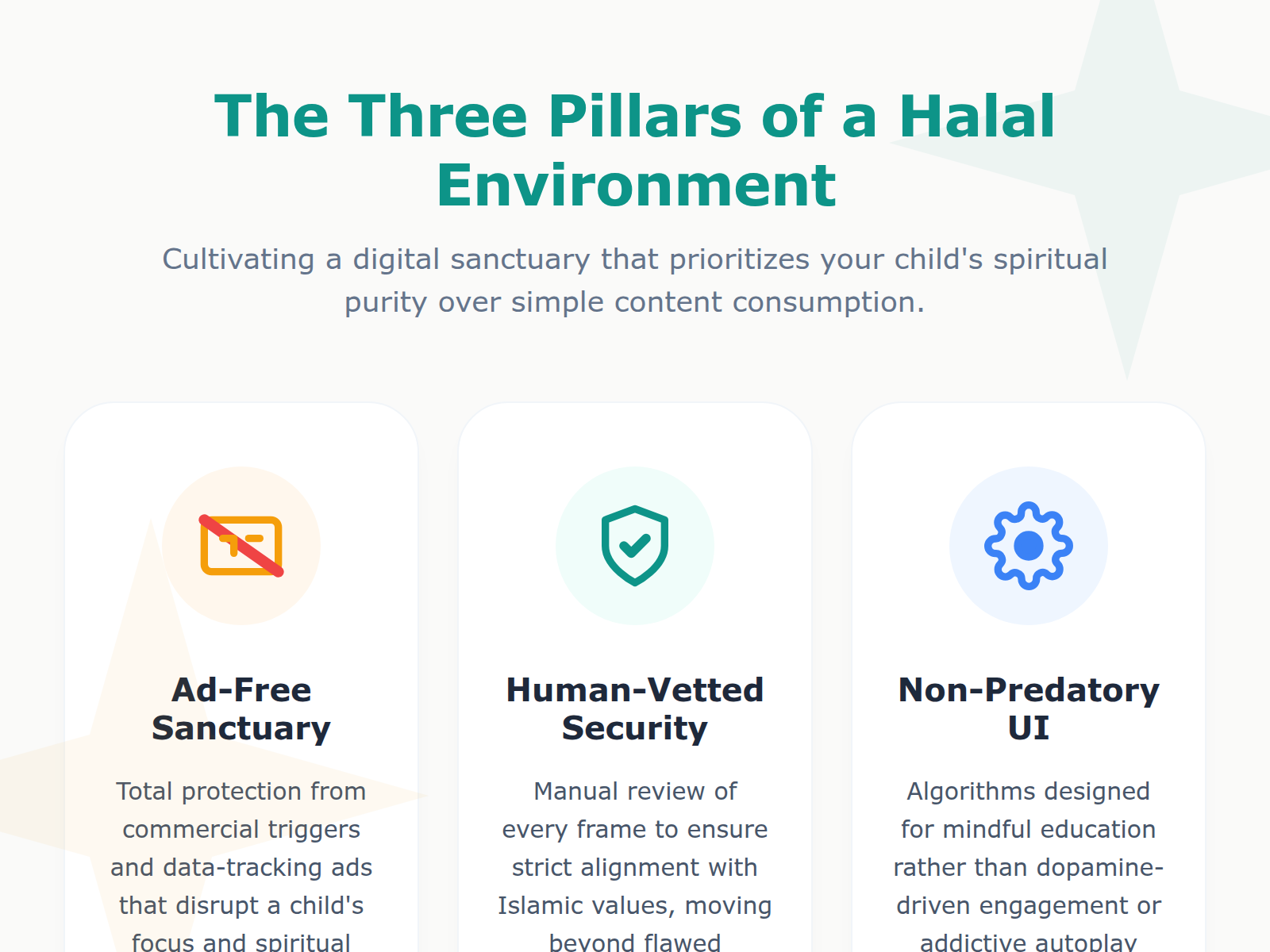 An infographic detailing the three pillars of a safe digital ecosystem: No ads, no unintended content, and no predatory algorithms.
