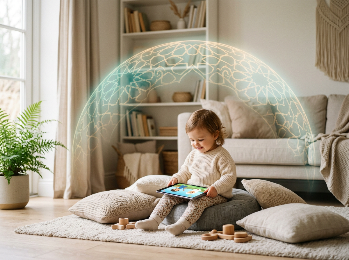 Conceptual artwork representing a digital guardian using Islamic geometric shapes to protect a child's screen time in a peaceful home environment.