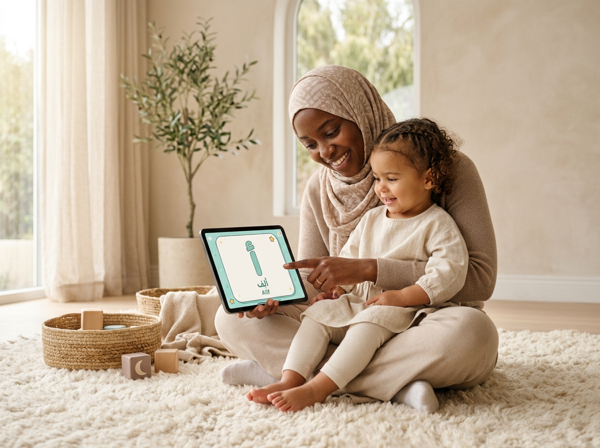 A mother and toddler sitting together on a rug, engaged in a calm Arabic learning session using a tablet in a sunlit room.