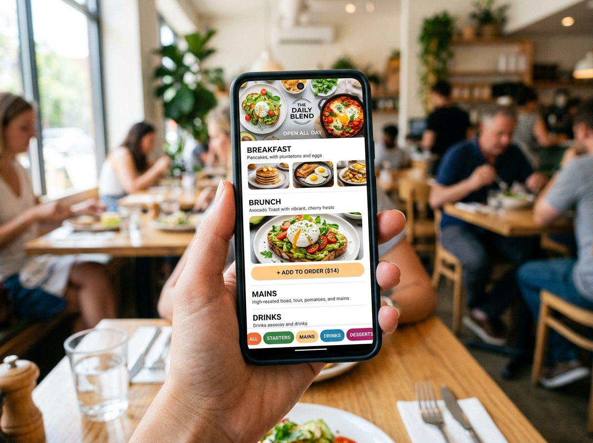 A mobile-first restaurant menu on a smartphone featuring easy navigation and professional food imagery.