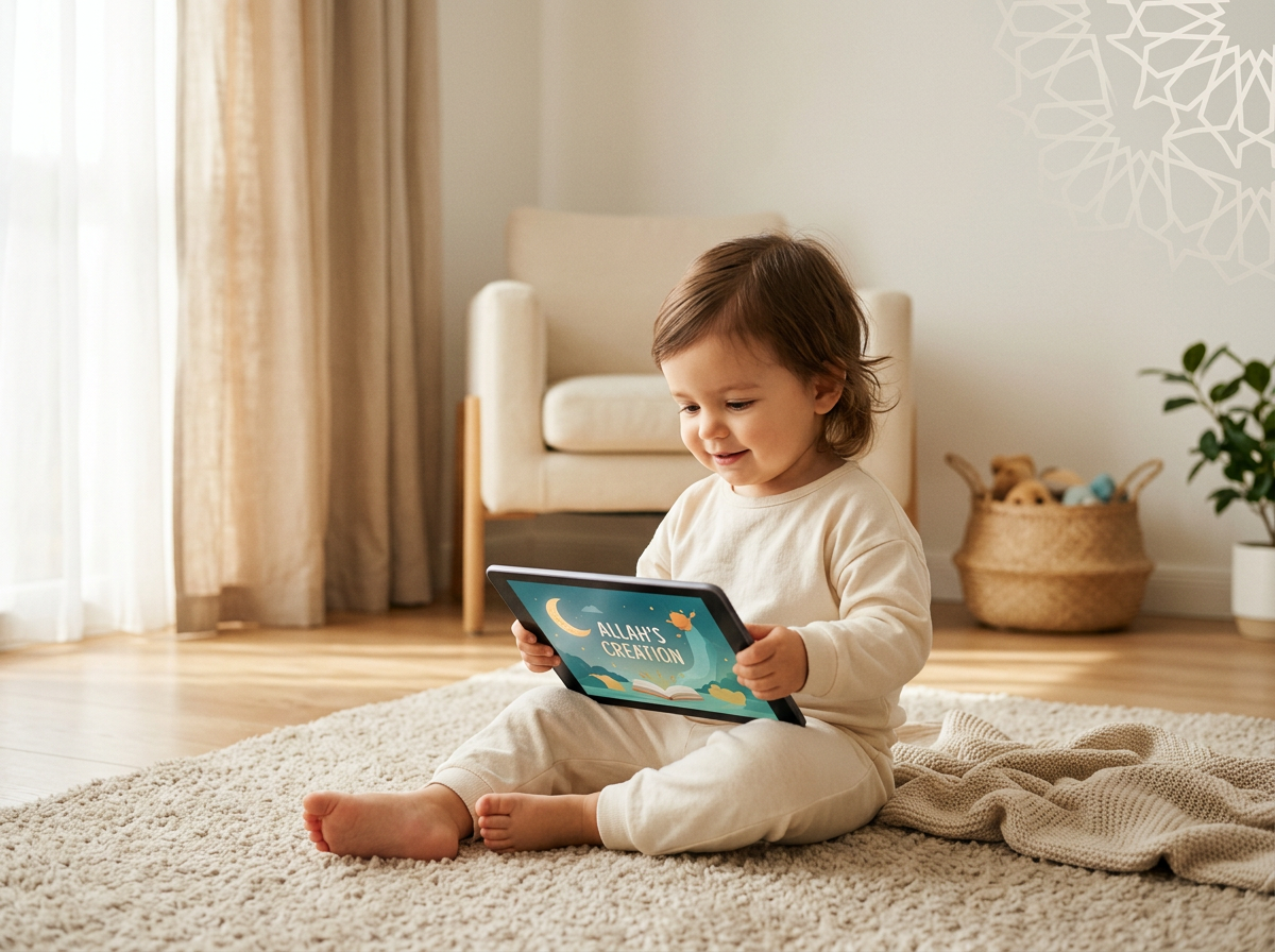 A calm toddler experiencing a state of Sakinah while engaging with screen time designed to be instrument-free and soothing.