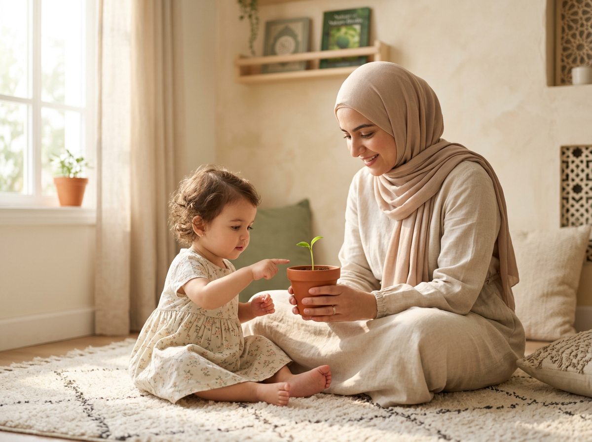 A toddler and parent interacting with a small plant in soft, natural morning light, symbolizing the introduction of spiritual concepts through nature.