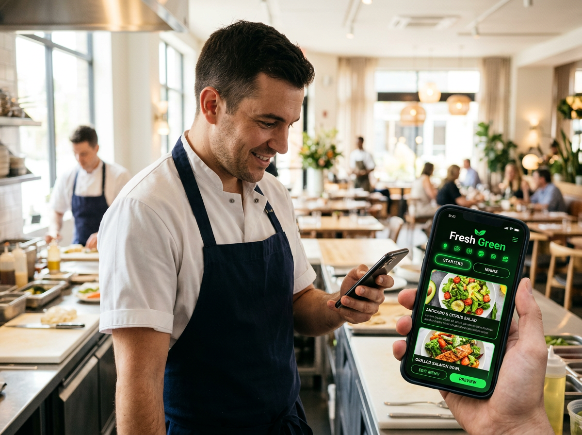 A chef in a natural-light kitchen viewing their digital menu on a smartphone.