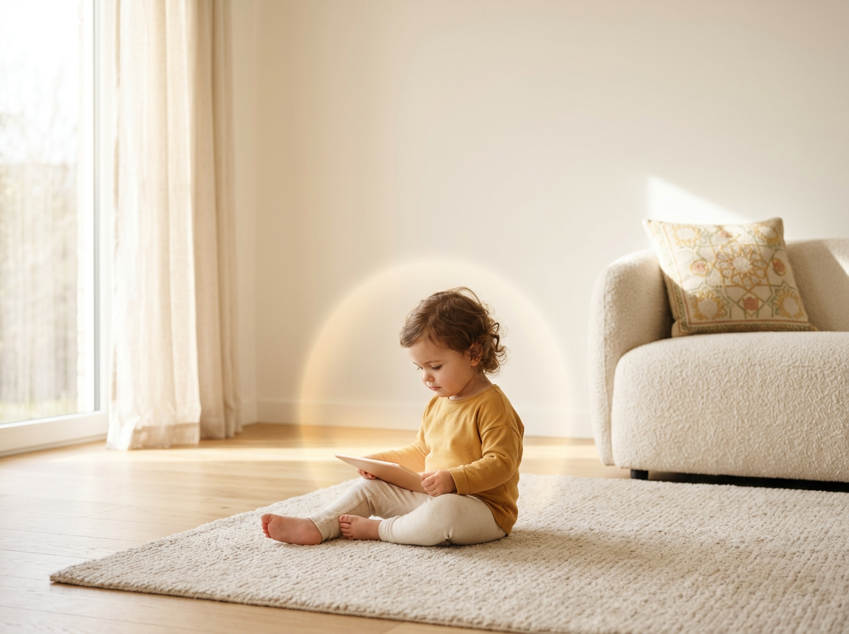 A peaceful toddler in a calm, ad-free digital environment, symbolizing spiritual safety and focus.