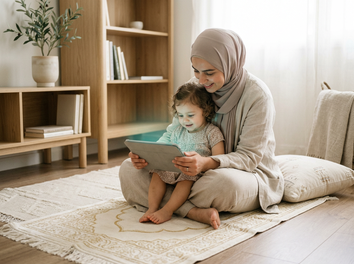 A heartwarming, minimalist scene of a mother and toddler engaging in joint media viewing in a peaceful, sunlit home environment.