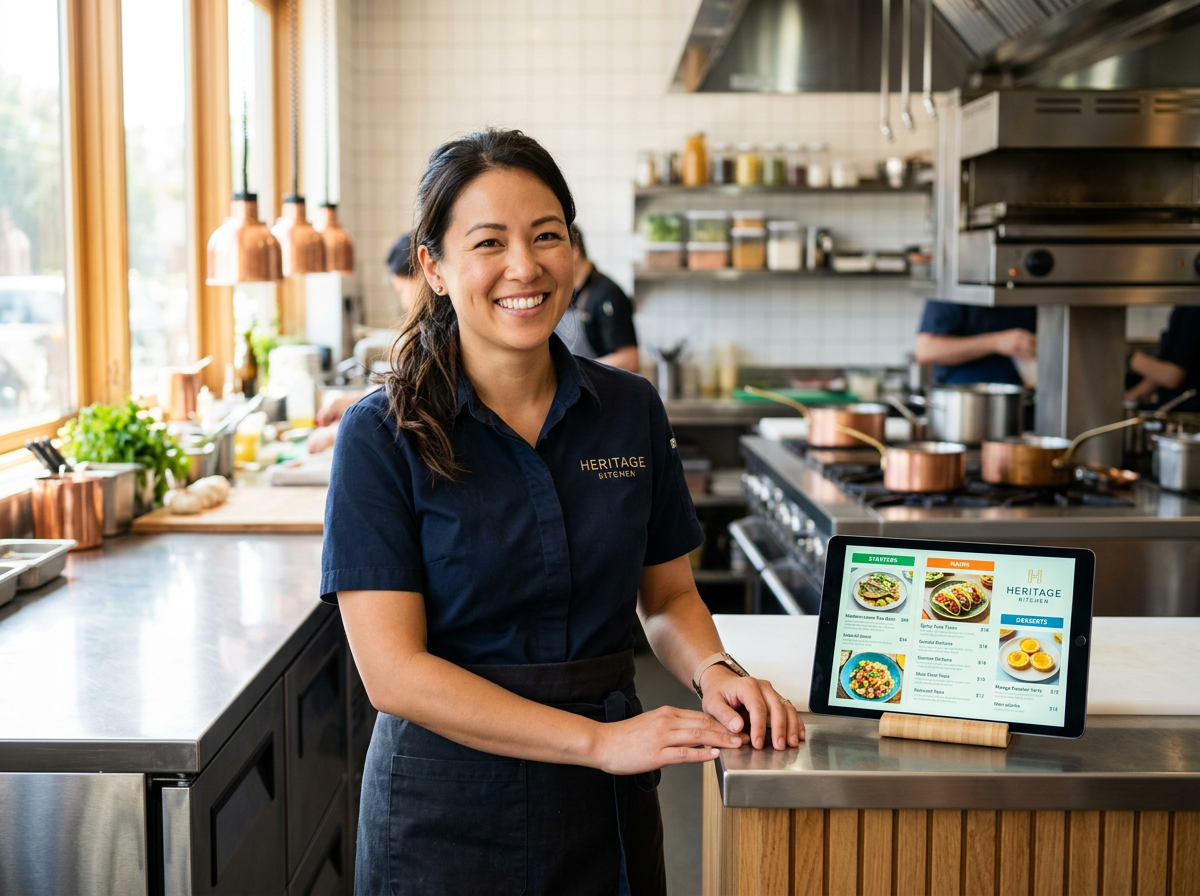 A restaurant owner in a bright, modern kitchen workspace, representing the peace of mind that comes from reliable digital tools.