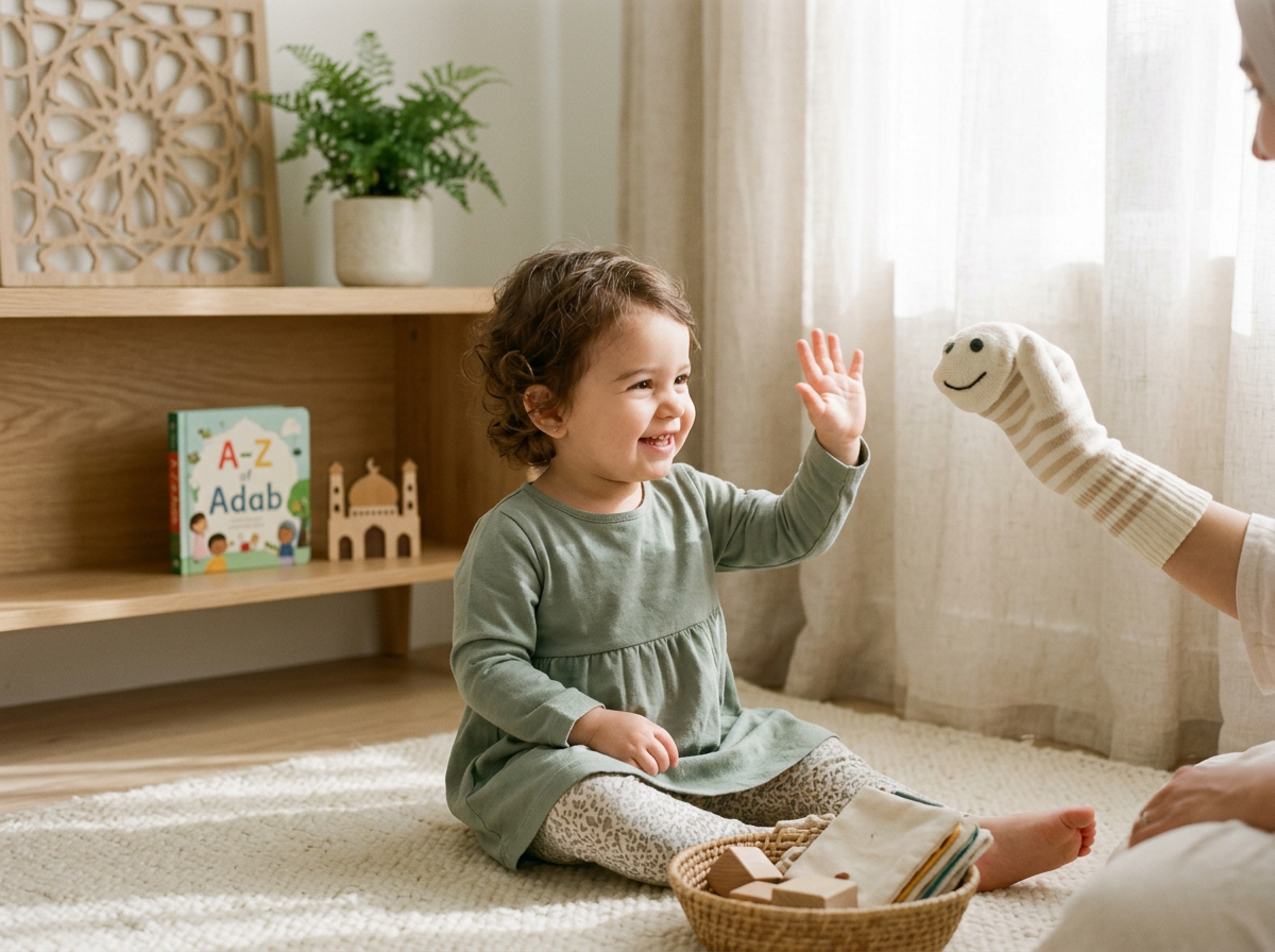 A toddler in a sunlit room practicing manners by interacting with a colorful sock puppet.