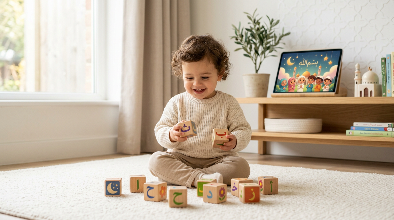 A serene scene of a toddler combining tactile blocks with a safe digital Islamic program in a bright home.