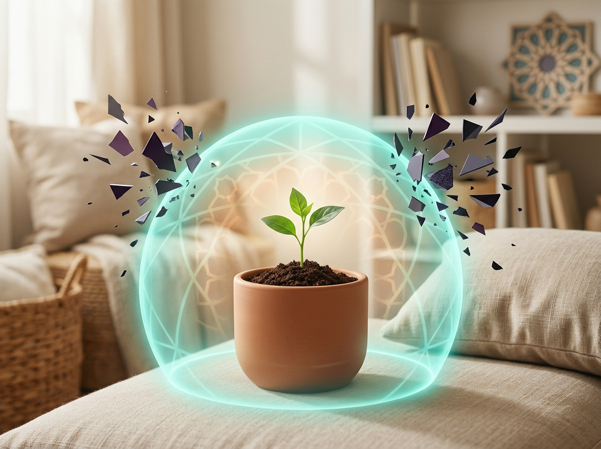 A conceptual abstract image of a soft light shield protecting a small plant from chaotic dark shapes, representing digital protection of a child's innate nature.